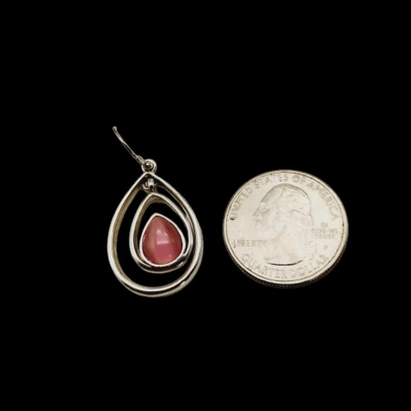 Lia Sophia Teardrop Dangle Earrings Pink Rose Glass Stone Silvertone Double Hoop - Picture 10 of 11
